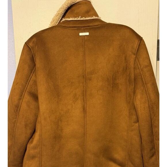 GUESS Mens Double Breasted Faux Shearling Overcoat Brown Medium - Picture 6 of 11